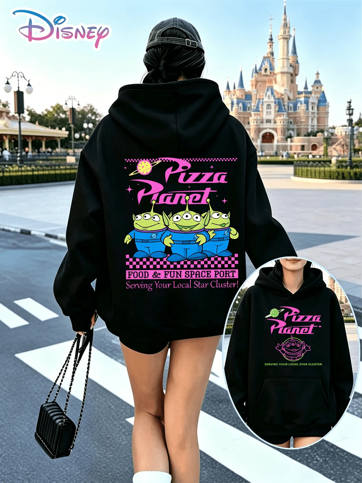 Disney Retro Y2K Toy Story Pizza Planet Alien Front Back Print Oversized Hoodie Soft Fleece Casual Streetwear Sweatshirt - Black - View 1