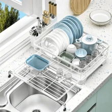1pcs Expandable Dish Drying Rack Carbon Steel Dish Rack For Kitchen Counter, Space Saving Dish Drainer With Utensil Holder And Drainboard - White - View 3