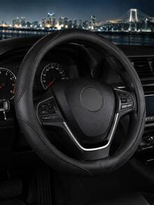 Perforated PU Leather Steering Wheel Cover, Non-Slip Inner Ring, Breathable Laser Cut Grip Protector, Durable Red Stitching, Unisex 14.5-15 Inch Car Interior Accessory, Soft Faux Leather Steering Wheel Cover - A - View 13