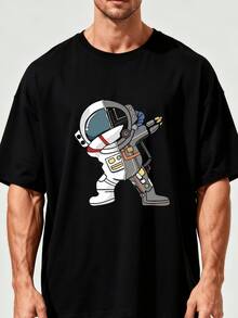 Camiseta negra de gran tamaño para hombre, camiseta con estampado de astronauta bailando, top casual de manga corta, estilo de moda urbana. - Negro - Ver 1