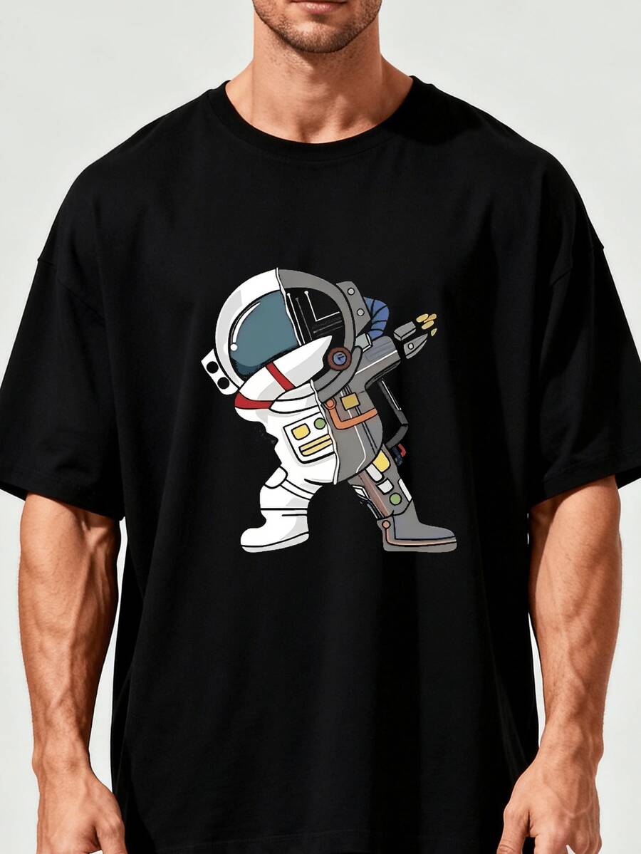 Camiseta negra de gran tamaño para hombre, camiseta con estampado de astronauta bailando, top casual de manga corta, estilo de moda urbana. - Negro - Ver 1