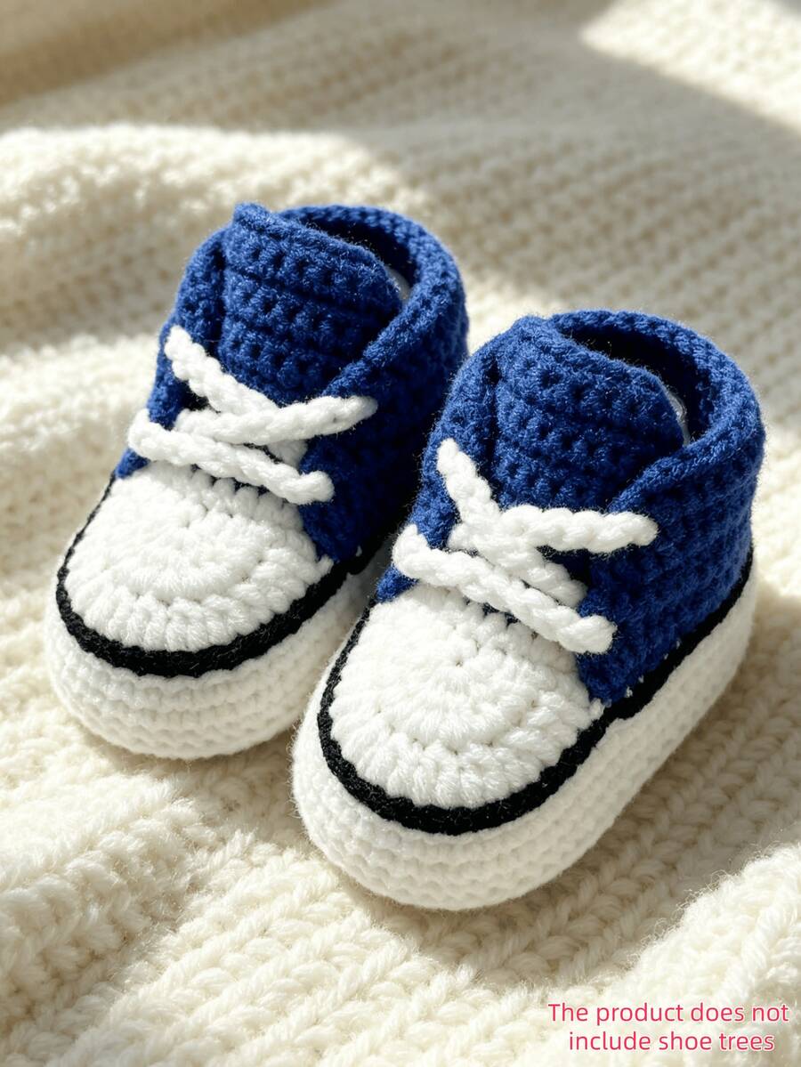 1 Pair Handmade Crochet Infant Booties, Indoor Soft Sole Prewalker Shoes - Navy Blue - View 1