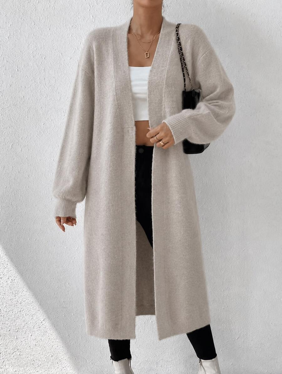 Abrigo Largo de Punto Gris Avena para Mujer, Sin Botones y Manga Farol, Estilo Casual Suave Ocasiones Citas, paseos, vacaciones, salidas de otoño e invierno - Gris - Ver 1