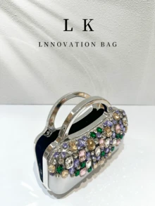 1pc Gorgeous Colorful Rhinestone Embellished Hard Box Clutch Bag For Women, Pearl Clasp Metal Chain Crossbody Evening Bag, Luxury Sparkling Handbag, Suitable For Women's Wedding, Ball, Banquet, Formal Occasions - Multicolor - View 3