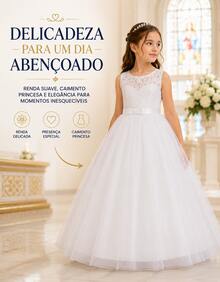 Long Dress For Children, Youth, Party, Flower Girl, Bridesmaid, Wedding, Flower Girl, Debutante, Princess, Miss, Lace With Bow, 3/4 Sleeve, Luxury - 3 To 16 Years - 白色 - 查看 6