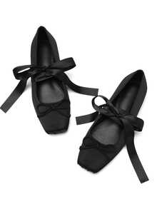 Ballet Flat Shoes Satin For Women Square Toe Bow Lace Up Ribbon Strappy Mary Jane Slingback Ballerina Pumps Lolita Party Wedding Prom Dress Cute Shoes - 黑色 - 查看 6