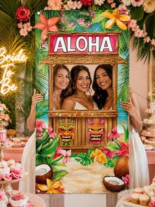 色彩缤纷的热带风情 ALOHA 派对相框，夏威夷提基风格拍照道具，饰有棕榈叶和芙蓉花图案，适合夏威夷主题派对、海滩婚礼、夏季烧烤和泳池派对。色彩缤纷的夏威夷提基风格拍照背景，适合夏季烧烤派对、海滩和泳池派对摄影道具。 - 夏威夷拍照背景布-豎向 - 查看 9