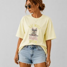 G Studio Women's Oversized T-Shirt Kawaii Pig Glasses With Popcorn Slogan "Eat Well Travel Often" Colorful Print Short Sleeve Casual - T01-自然 - 查看 1