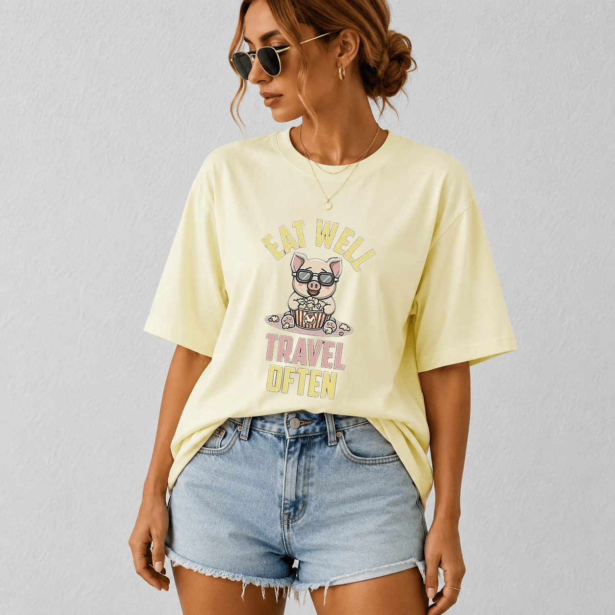G Studio Women's Oversized T-Shirt Kawaii Pig Glasses With Popcorn Slogan "Eat Well Travel Often" Colorful Print Short Sleeve Casual - T01-自然 - 查看 1