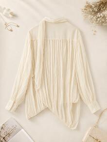 Solid Color Elegant Textured Pleated Long-Sleeved Shirt - Apricot - View 2