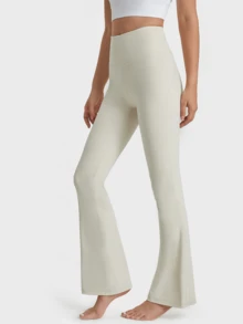 KyrLssu Damen Langhose mit hoher Taille und Bootcut-Schnitt, figurbetonte Schlaghose mit integriertem breitem Bund und schlichtem minimalistischem Outfit-Design - Weiss - Übersicht 2