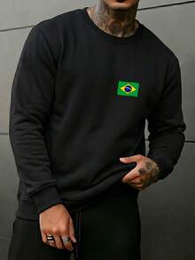 Men's Comfortable And Warm Printed Crew Neck Sweatshirt With Brazil World Cup Design - Black - View 1