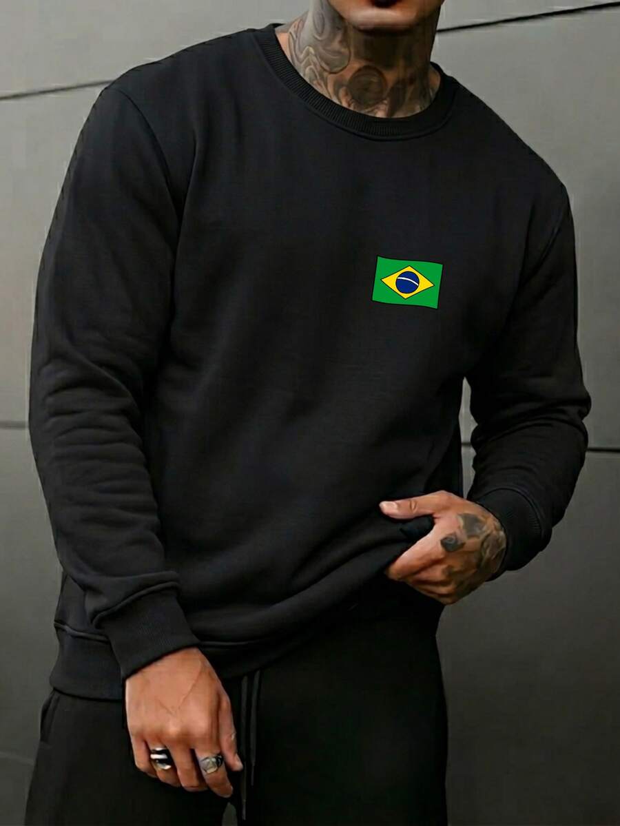 Men's Comfortable And Warm Printed Crew Neck Sweatshirt With Brazil World Cup Design - Black - View 1