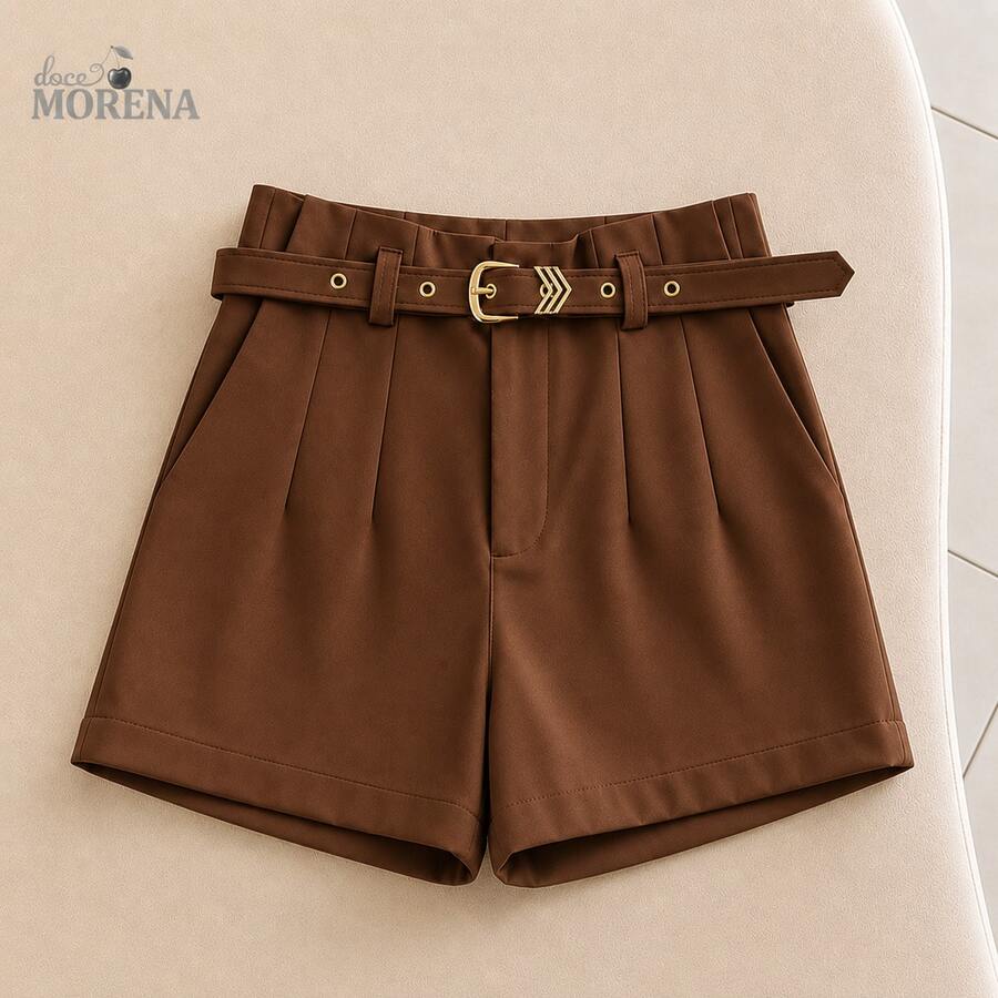 Women's Tailored High-Waisted Shorts With Gold Belt And Pockets – Elegant Casual Chic Look São João Women's Fashion 2026 Blogger Fashion Viral Social Comfortable Premium - 鏽棕色 - 查看 1