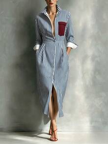 Women's Striped Collared Button Front Midi Dress – Cuffed Long Sleeve Shirt Dress With Contrast Pocket For Office - 彩色 - 查看 1
