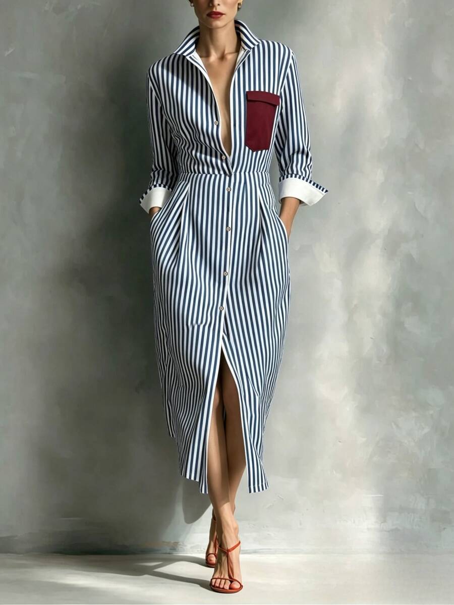 Women's Striped Collared Button Front Midi Dress – Cuffed Long Sleeve Shirt Dress With Contrast Pocket For Office - 彩色 - 查看 1