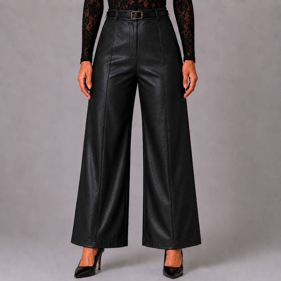 Black Leather Wide-Leg Pants With Belt - Autumn/Winter 2026 - 黑色 - 查看 1
