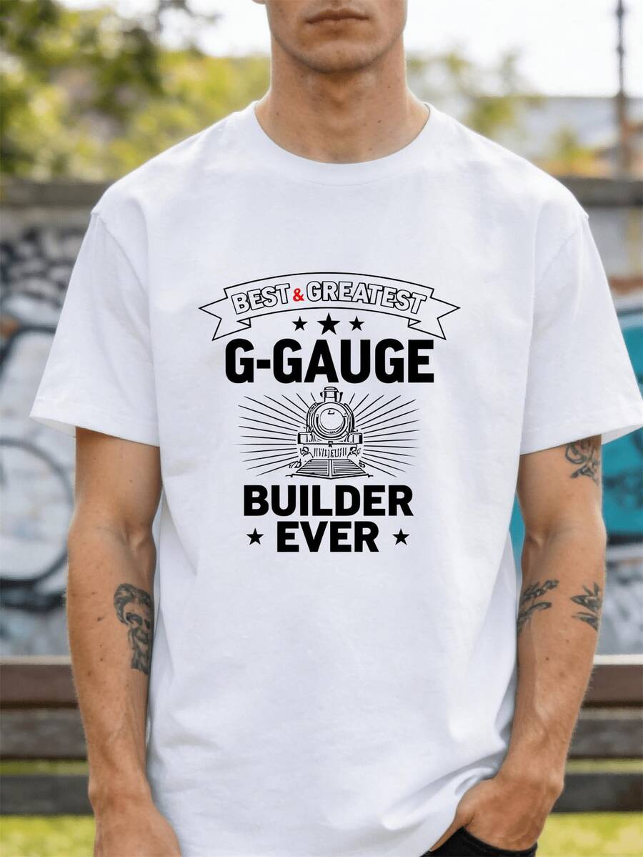 Camiseta para Hombre G-Gauge Modelo Ferroviario a Gran Escala - Diseño con Lema de Locomotora y Tren (La Mejor para Modelistas G-Gauge) - Camiseta Casual de Manga Corta con Cuello Redondo, a - Blanco - Ver 1