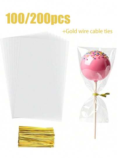 100/200pcs/200pcs Lollipop Packaging Bags, Candy Bags, Cake Bags, Transparent Plastic Candy Bags, Suitable For Lollipops, Cake Pops, Candy, Chocolate And Cookies, Kitchen Supplies, Kitchen Utensils, Kitchen Accessories, Home Kitchen Supplies