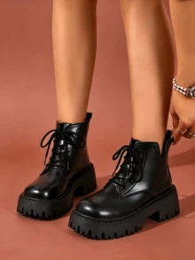 Women's Black Lace-Up Thick-SoleBoots, Casual Versatile Platform Ankle Boots For Fall And Winter - Black - View 9