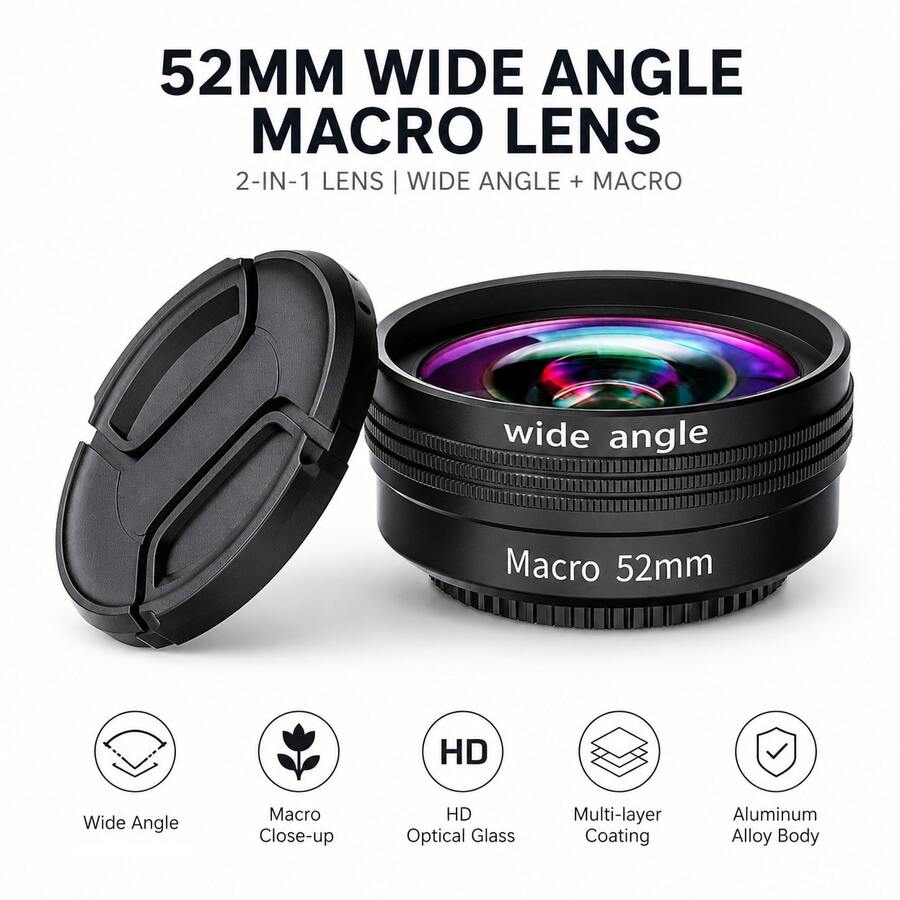 廣角微距鏡頭 52mm/58mm 通用轉接鏡 專業光學玻璃相機近拍鏡，適用於 52mm/58mm 接環相機