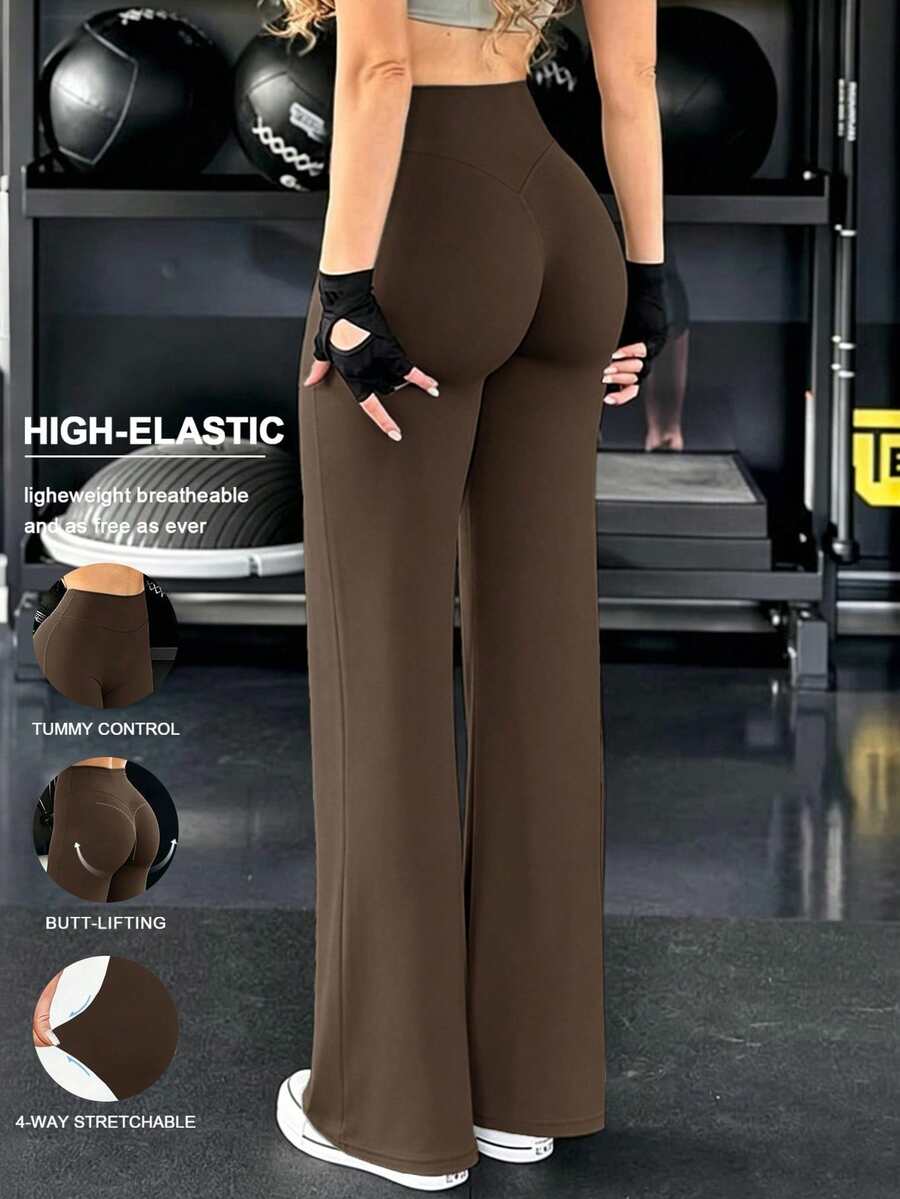 GAOVOT Pantalones anchos y rectos de cintura alta para mujer, de verano, para deportes y ocio, sueltos en la cadera y el vientre, para yoga, pilates, ejercicio y gimnasio - Marrón - Ver 1
