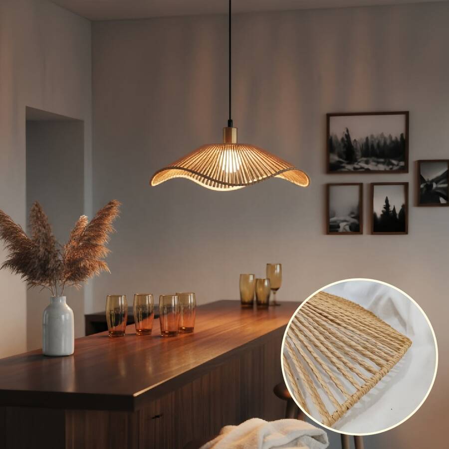 Bohemian Rattan And Paper Woven Lampshade, Pendant Light Shade, Artistic Decorative Lampshade, Rustic Farmhouse Style Pendant Light Shade, Asymmetrical Pendant Light, Handmade Woven Lampshade, Warm Light Lampshade (Light Bulb Not Included) - Paper Woven Lampshade - View 1
