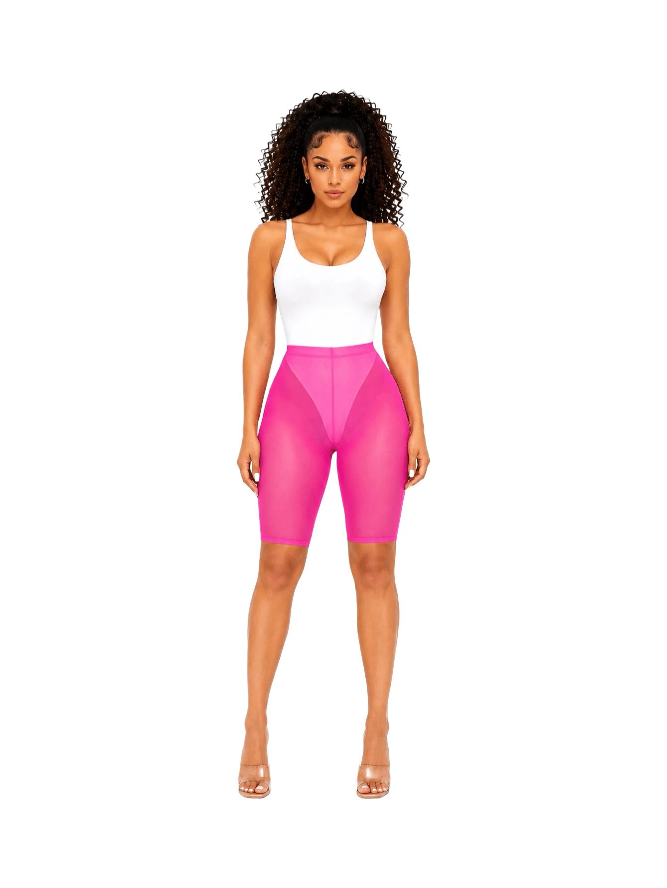 On One - Solid Color Stretch Mesh Detail Casual Beach Cover Up Sheer Biker Brunch Spring & Summer Biker Shorts - 粉色 - 查看 1