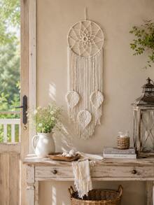 1pc Handmade Woven Dreamcatcher Wall Hanging, Boho Style Woven Tassel Leaf Decor, Neutral Beige Macrame Wall Art, Modern Woven Wall Decor, Boho Bedroom Dreamcatcher Decor - Multicolor - View 1