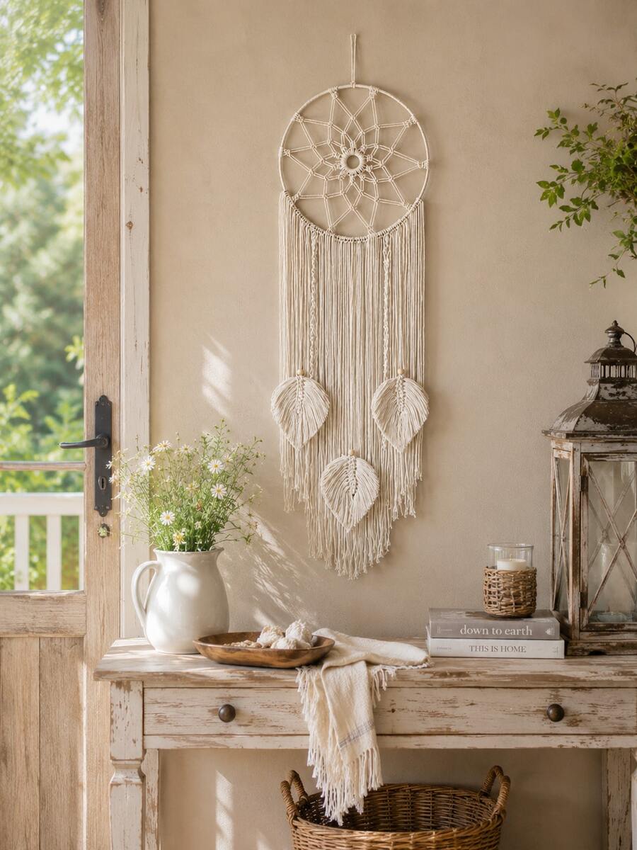 1pc Handmade Woven Dreamcatcher Wall Hanging, Boho Style Woven Tassel Leaf Decor, Neutral Beige Macrame Wall Art, Modern Woven Wall Decor, Boho Bedroom Dreamcatcher Decor - Multicolor - View 1