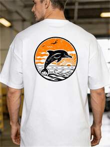 Men's Vintage T-Shirt With Sunset Dolphin Print - Soft And Breathable, Vintage Beachwear, Orange And White Dolphin Print, Lightweight Short-Sleeved T-Shirt - 黑色 - 查看 6