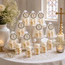 VICKYO 8 Sets de Recuerdos de Bautizo con Velas de Oso, Regalos de Recuerdo de Bautizo con Dijes de Cruz, Bolsas de Favor "Dios te Bendiga" para Invitados, Recuerdos de Ceremonia de Nombramiento, Decoraciones de Mesa para Recepción de Bautizo - Blanco-8 juegos - Ver 5