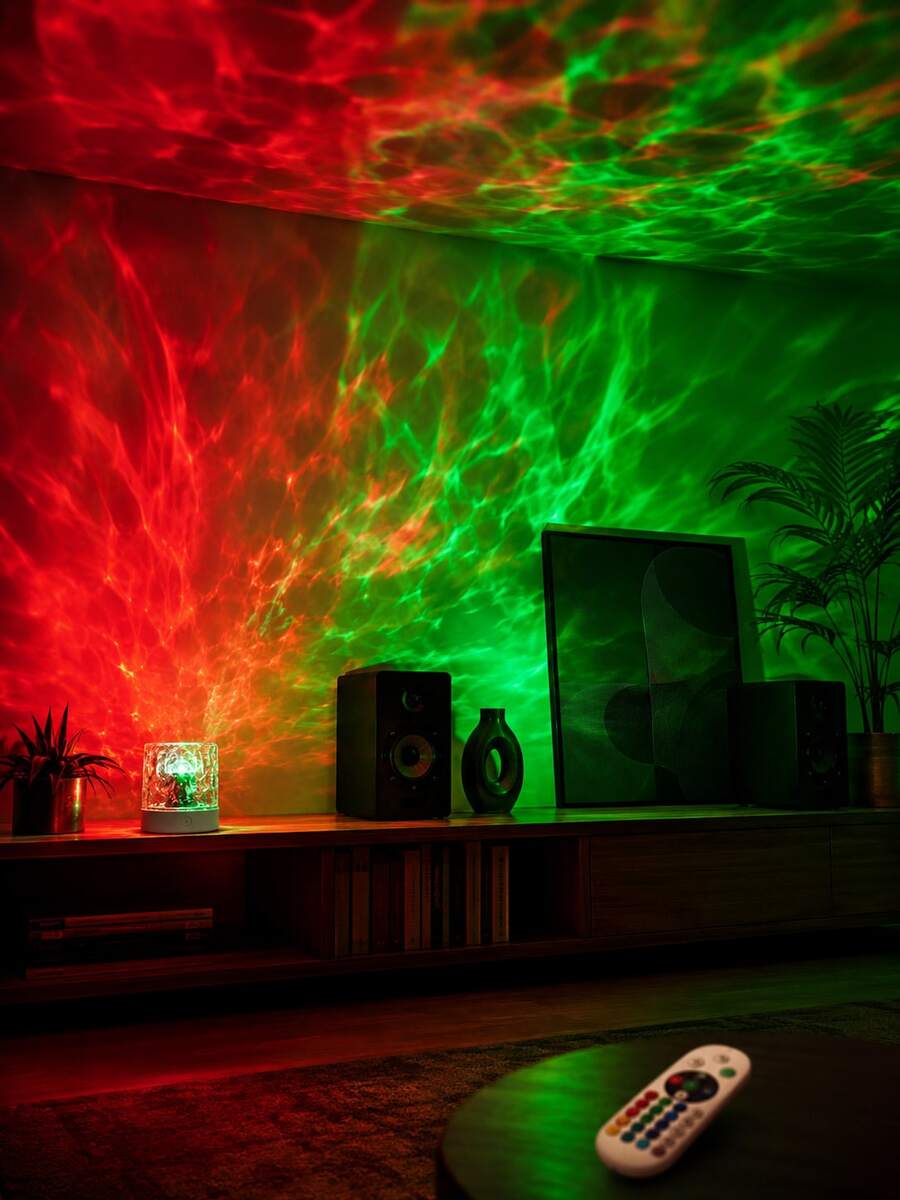 1pc [Water Wave Projection Lamp] Cylindrical Crystal Texture Ocean Wave Night Light, Remote Control Multicolor Ambient Light Suitable For Bedroom, Bedside, Dorm, Room Decor
