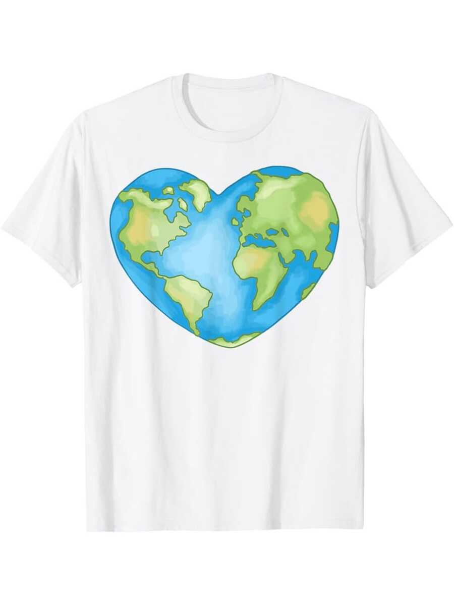 Funny Men's T-Shirt With A Heart-Shaped Design To Raise Awareness About Global Warming - 100% Cotton, 180g Weight, Short-Sleeved Graphic Tee With A Crew Neck - 白色 - 查看 1