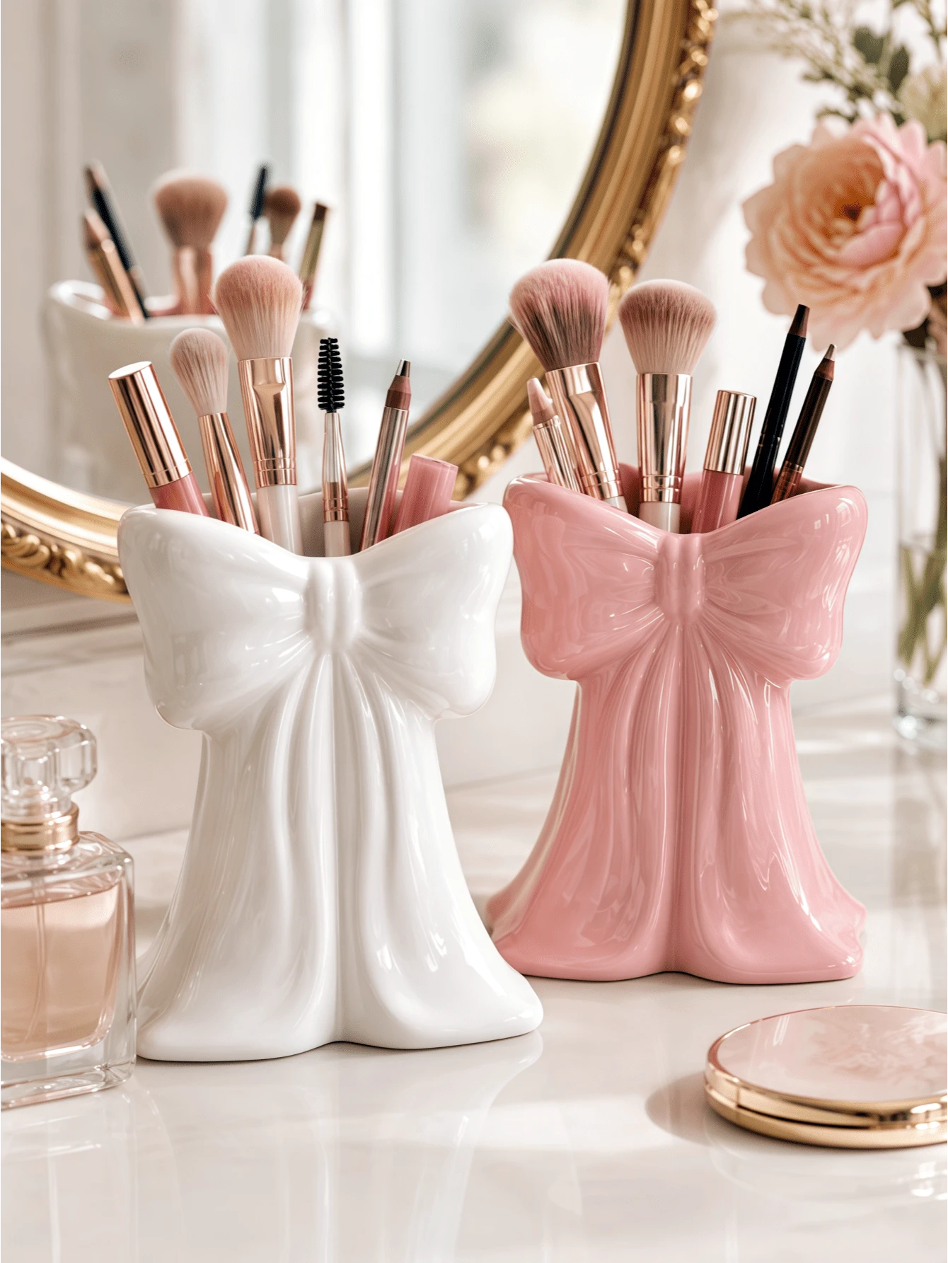 1 o 2 Scatole di immagazzinamento per il trucco a forma di fiocco carine - Organizer da scrivania per pennelli e forniture per ufficio, design elegante per il supporto dei pennelli da trucco, decorazione creativa per ragazze, studenti e donne