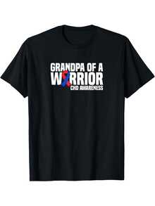 Men's Congenital Heart Disease (CHD) Awareness T-Shirt - Warrior Grandad Design T-Shirt, 180g, Black With White And Red Stripe Design - 黑色 - 查看 1