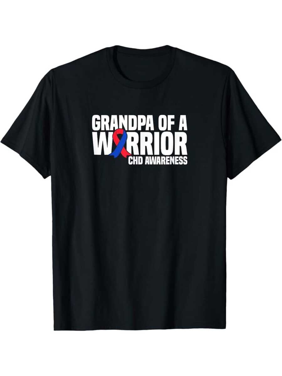 Men's Congenital Heart Disease (CHD) Awareness T-Shirt - Warrior Grandad Design T-Shirt, 180g, Black With White And Red Stripe Design - 黑色 - 查看 1
