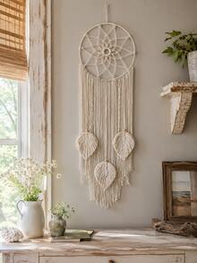1pc Handmade Woven Dreamcatcher Wall Hanging, Boho Style Woven Tassel Leaf Decor, Neutral Beige Macrame Wall Art, Modern Woven Wall Decor, Boho Bedroom Dreamcatcher Decor - Multicolor - View 2