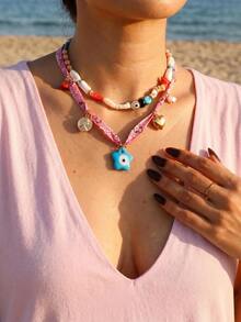 Collier pendentif en verre style bohème pour femmes, chaîne de clavicule tressée de perles faite à la main de qualité supérieure, convient pour les rassemblements, les fêtes, les vacances, ras-du-cou à la mode et polyvalent pour femmes - collier - Voir 7