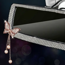 1PC Universal Butterfly Style Car Interior Rearview Mirror With Pearl Pendant & Rhinestones, Oblong Mirror Surface, Non-Prescription Lens, Sparkling Rhinestone Car Interior Ornament, Fits Most Vehicles, Ladies' Car Interior Accessory - Multicolor - View 4