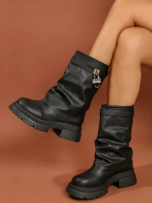 Women's Black Lock Decor Slouchy Mid-Calf Boots, Chunky Platform Casual Boots - Black - View 11