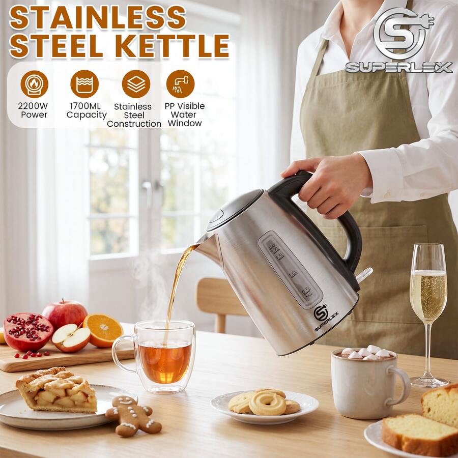 SUPERLEX 1.7L Electric Tea Kettle With Visual Water Level Display, 3000W Fast Boiling Water, Auto Shutoff On Low Water & Dry Boil Protection. Stainless Steel Kettle Body With Anti-Scald Design, Great For Coffee And Tea.