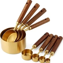4/8件套量杯量勺套装，不锈钢材质，木柄，适用于干湿食材，含调味勺、粉勺、咖啡勺，烘焙工具，厨房配件 - 金色 - 查看 2