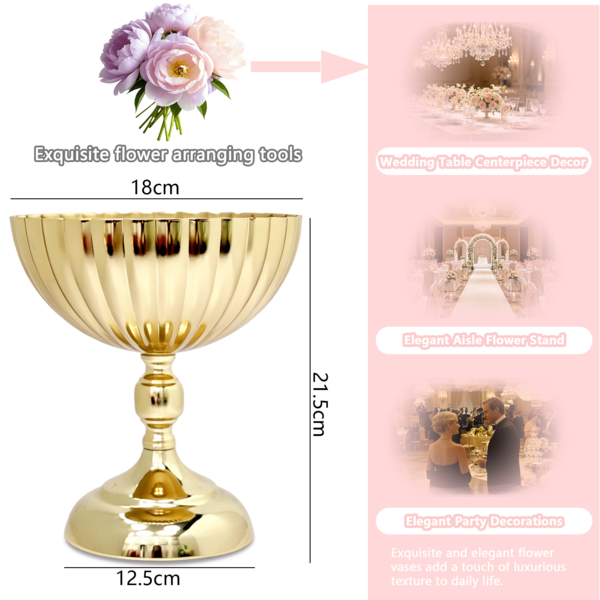 Cuenco de Frutas con Pie Alto Metálico Brillante, Cuenco Floral con Tallo Alto Dorado, Adecuado para Despedida de Soltera, Fiesta y Decoración de Mesa del Hogar