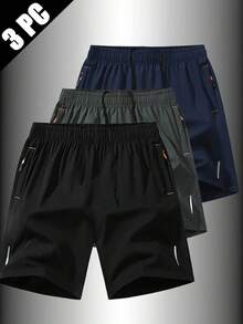 3pcs Men's Quick Dry Breathable Outdoor Casual Shorts, Zipper Pockets Solid Color Sports Shorts, Beach Shorts, Summer - Multicolor - View 11