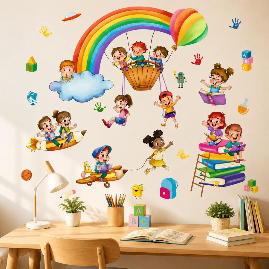 Rainbow Kids Wall Decals, Removable Hot Air Balloon Pencil Airplane Inspirational Stickers, Colorful ABC Blocks Learning Wall Stickers Suitable For Nursery Playroom Kindergarten Classroom Home Decor - Children's Rainbow Wall Stickers - View 1