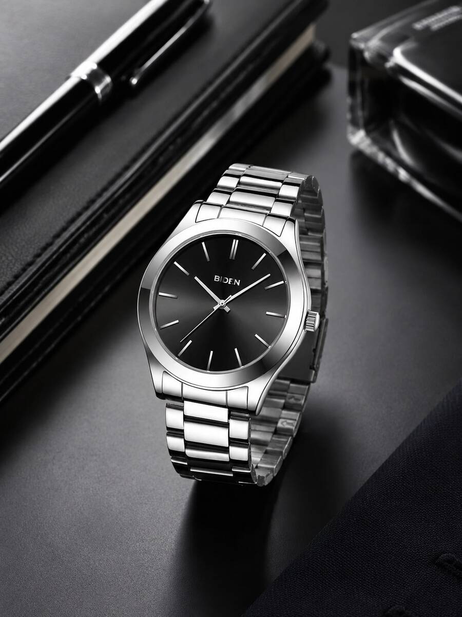 BIDEN 1 pieza Reloj de hombre con correa de acero inoxidable impermeable, reloj de negocios sencillo, regalo para hombres