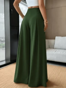 Women's Loose-Fitting Wide-Leg Pants, Solid Color, With Front Buttons And Pleats, Sizes S, M, L - Army Green - View 2