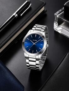 BIDEN 1 pieza Reloj de cuarzo con correa de acero inoxidable para hombre, resistente al agua, diseño sencillo de negocios, regalo perfecto para hombres - Plateado - Ver 2