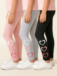 3pcs/Set Legging Anak Perempuan Motif Hati Lucu, Lembut & Ramah Kulit, Celana Serbaguna untuk Dipadukan dengan Pakaian Lain di Musim Semi & Gugur - MultiWarna - View 1